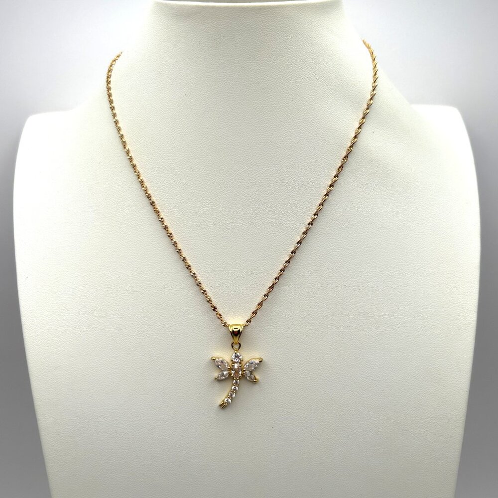 Dragonfly Pendant Necklace Gold Tone with Clear CZ Crystal Stones Rope Chain